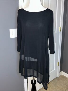 Eileen Fisher Black Silk 3/4 Sleeve Sheer Asymmetrical Hem Tunic Shirt Sz Small
